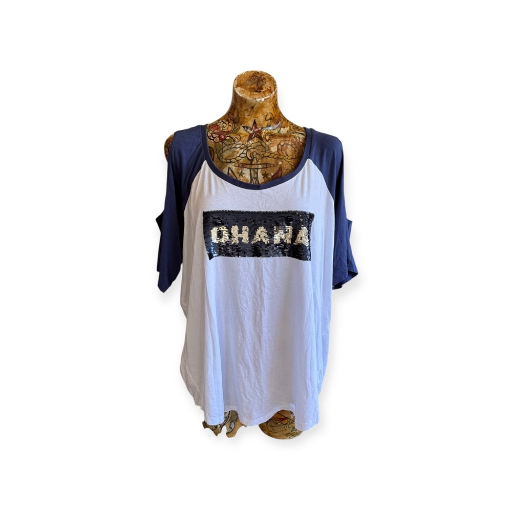 DISNEY LILO & STITCH OHANA FAMILY shirt top  open shoulder sequins Plus size 3XL
